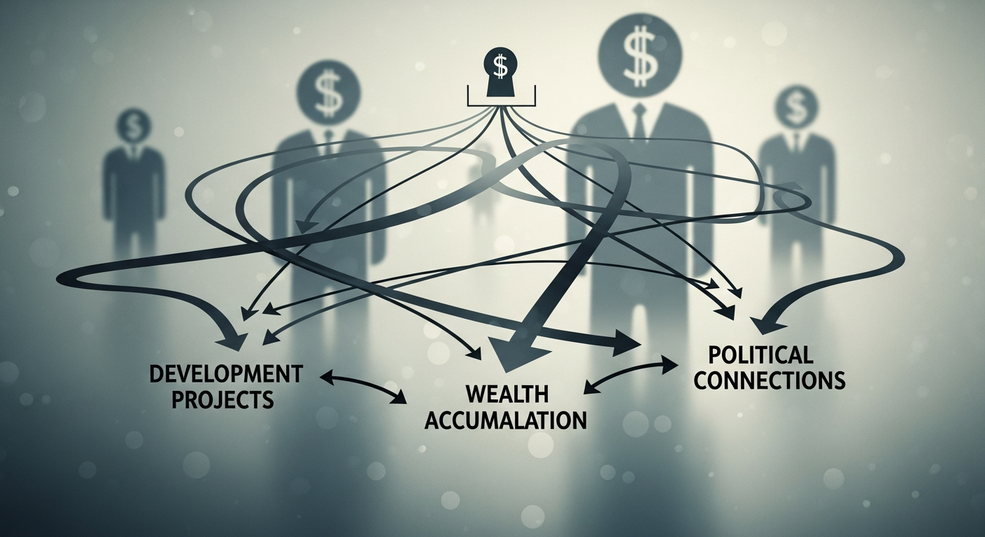 The tangled web illustrating how development projects and public contracts often serve as conduits for illicit wealth accumulation through political connections.