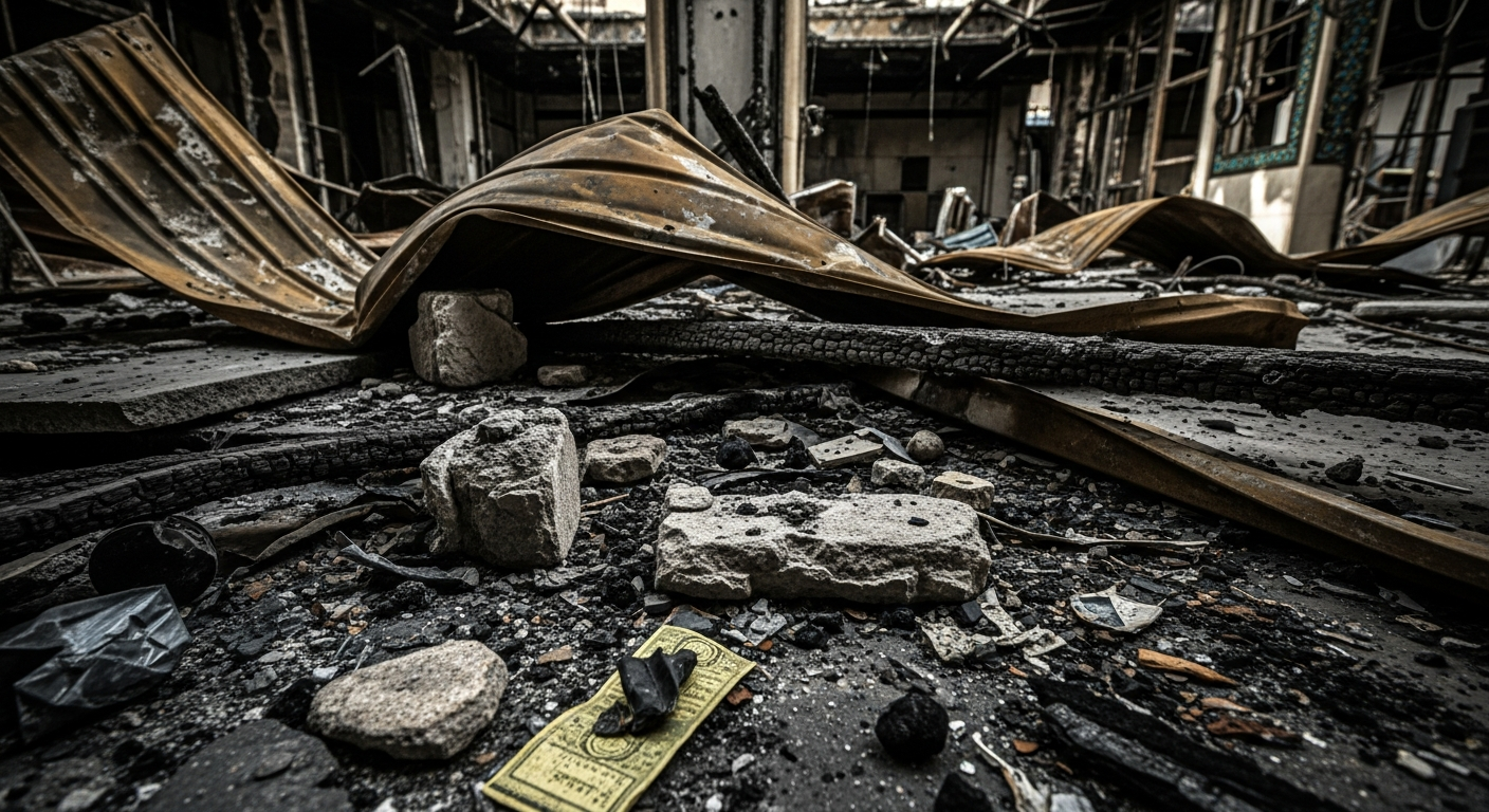 Sacred and commercial spaces targeted: The remains of a torched building stand as a testament to the scale of destruction during recent Iranian protests.