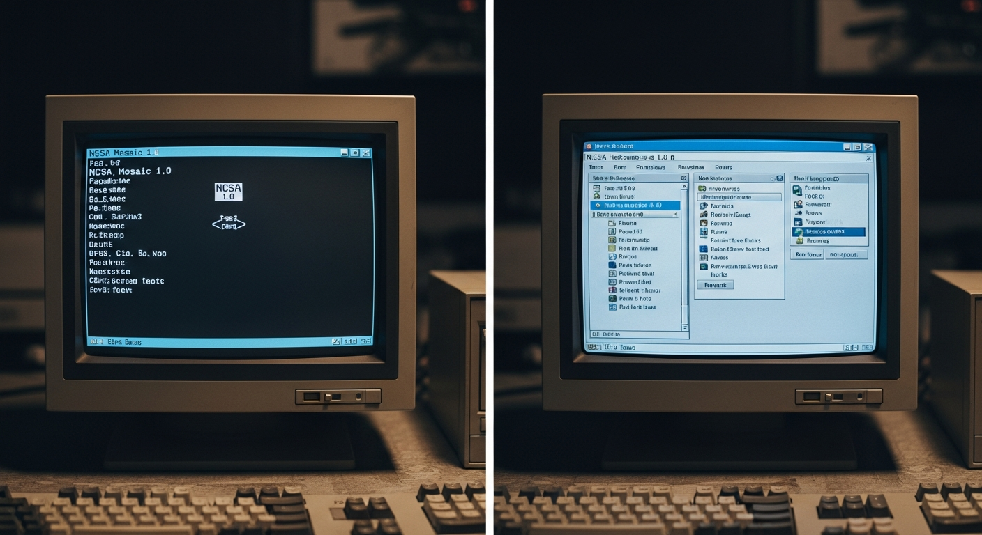 From nascent simplicity to burgeoning complexity: The distinct interfaces of NCSA Mosaic and Netscape Navigator showcase the rapid evolution of early web browsers.