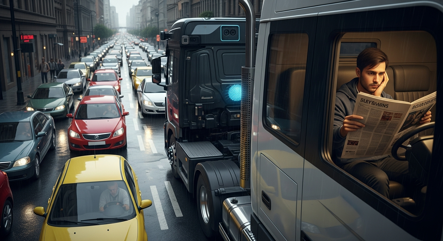 Waabi's vision: autonomous trucks navigating complex urban environments. (Actual results may vary during rush hour.)