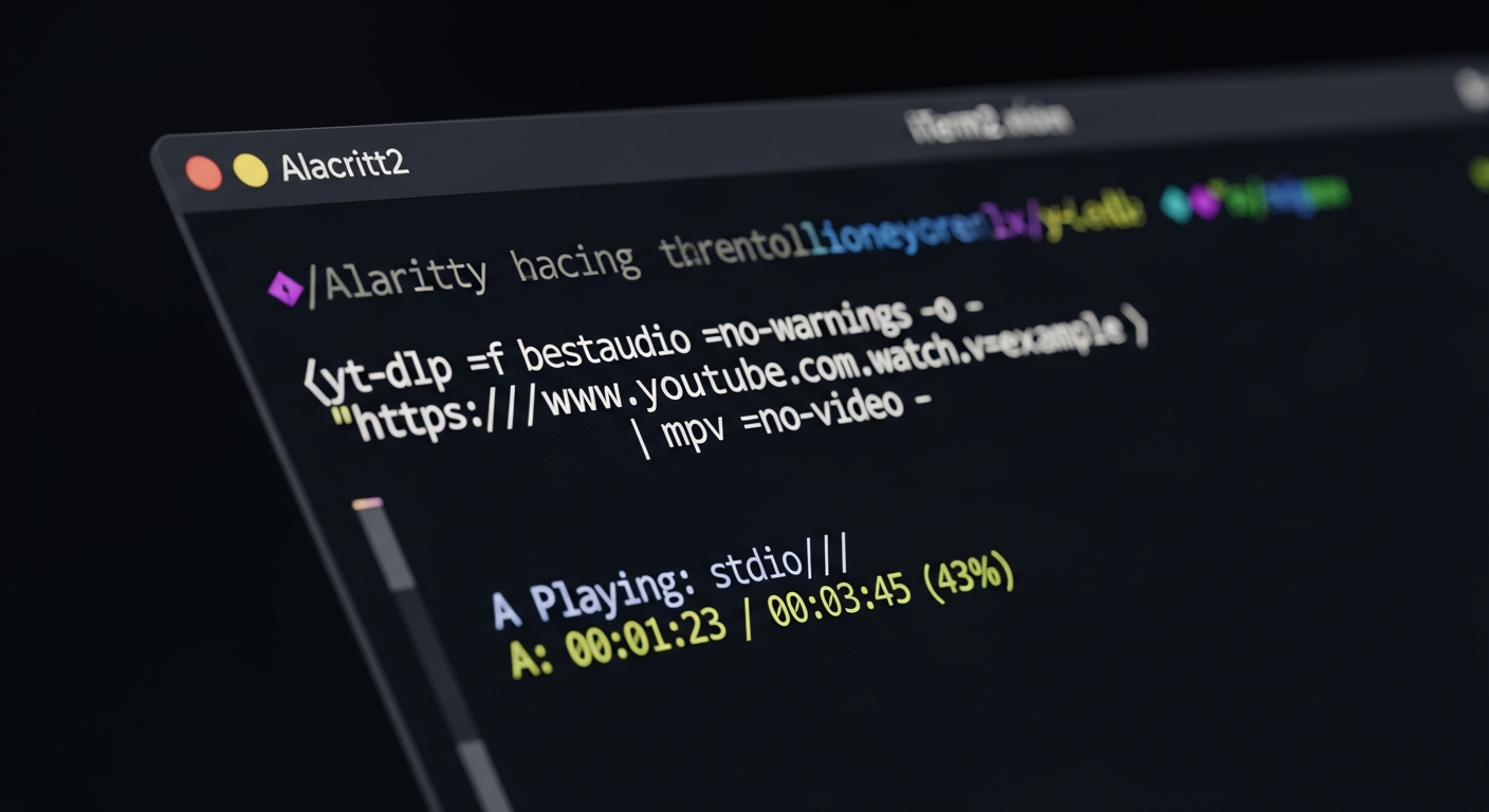 A typical command-line interface demonstrating the execution of yt-dlp piped into mpv for efficient audio streaming.