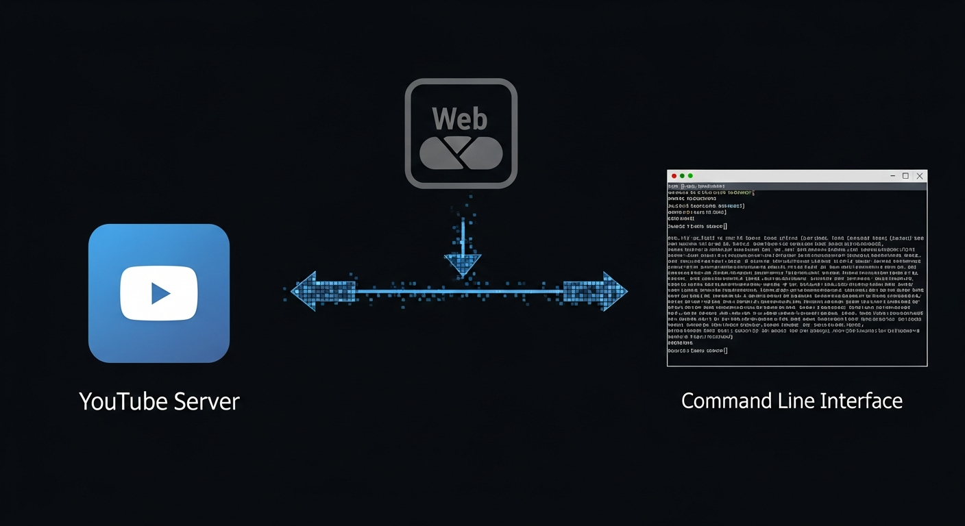Illustrating the direct data pathway from YouTube servers to the command line, circumventing the resource demands of a traditional web browser.