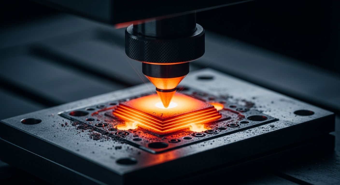 Precision at its finest: A close-up view of a fiber laser meticulously building a metal component layer by layer.