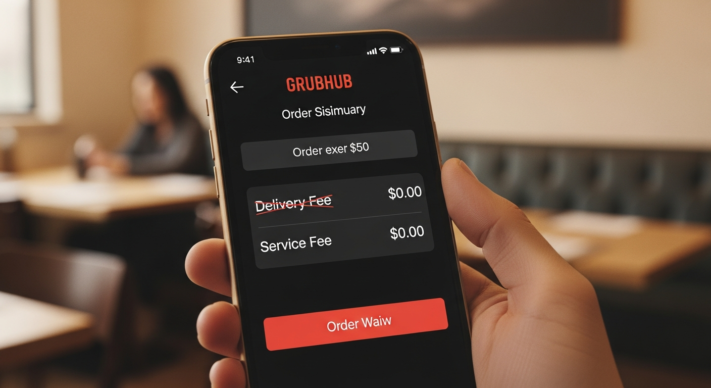A snapshot of Grubhub's new fee waiver, showcasing the direct savings for customers on orders over $50.