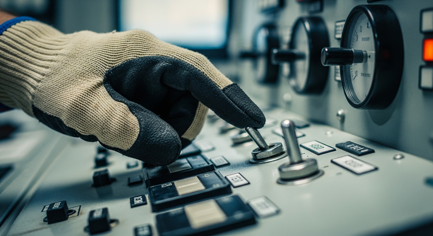 The human touch: An operator engages with a complex analog control, highlighting the tactile and intuitive nature of pre-digital interfaces.