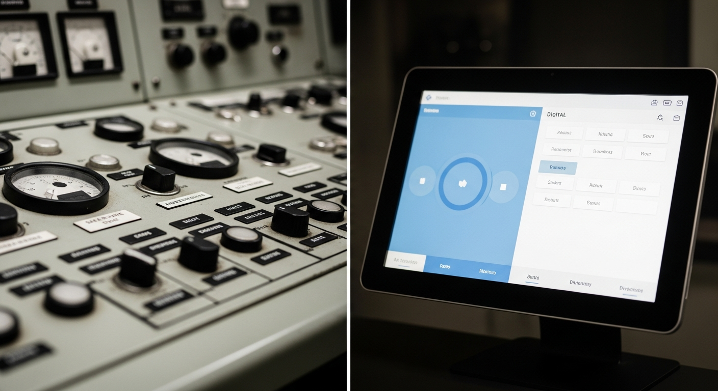 A stark visual contrast: The intricate physicality of an analog control panel versus the streamlined abstraction of a modern digital interface.