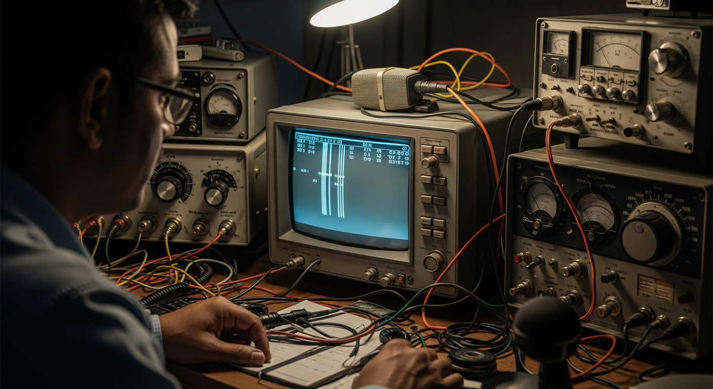 A ham radio operator monitors a Slow-Scan Television (SSTV) transmission, a reminder of an era when visual data was painstakingly encoded into audio signals.