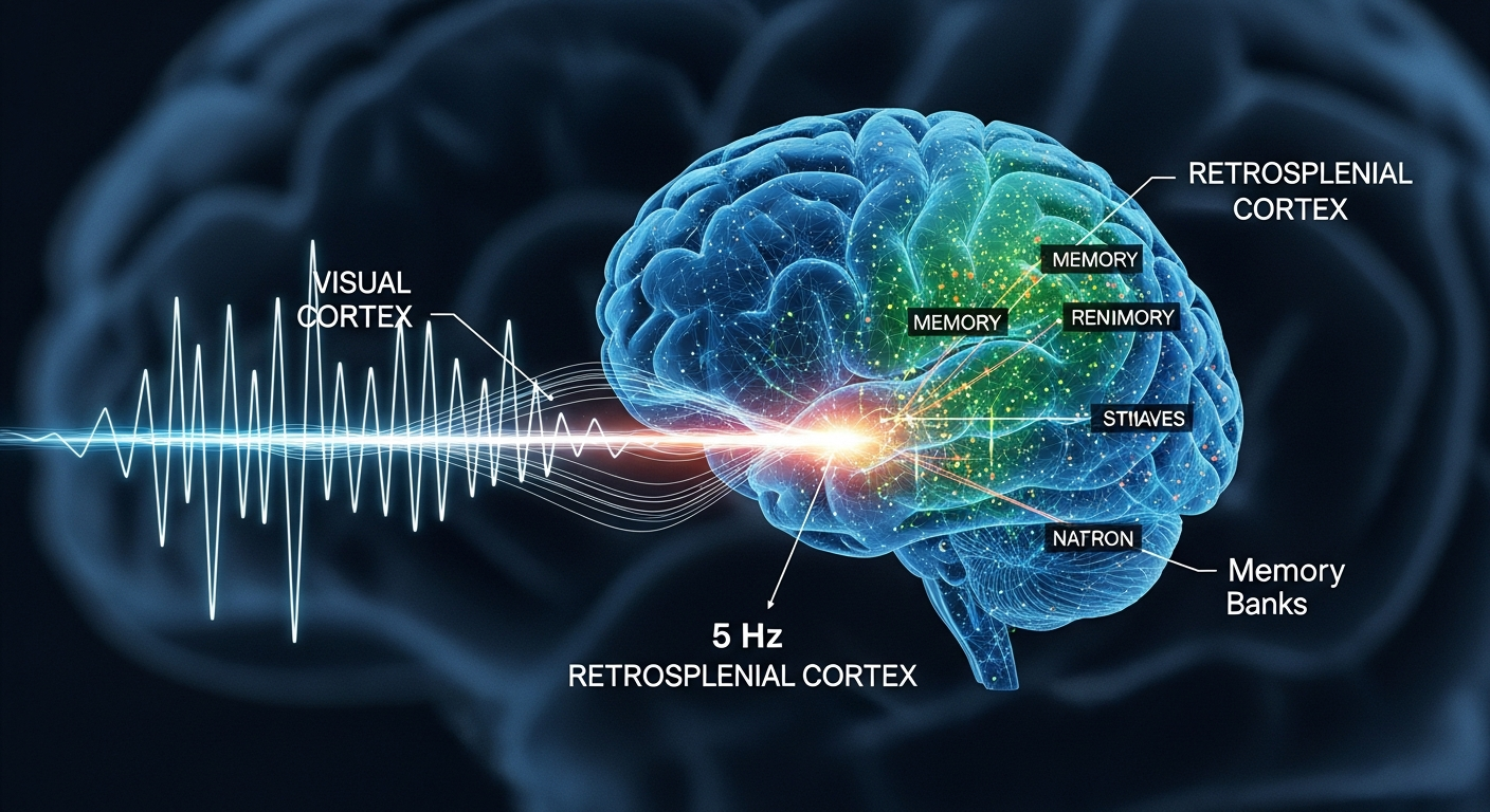 Low-frequency brain waves stimulate the retrosplenial cortex, a key memory hub, strengthening access to internal recollections during psychedelic states.