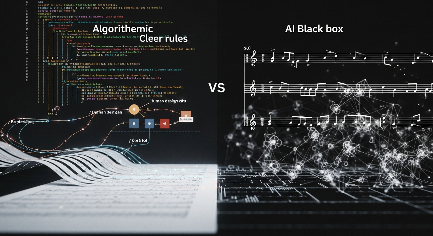 A conceptual illustration highlighting the fundamental differences between human-directed algorithmic composition (left) and the more autonomous, often opaque, processes of AI music generation (right).