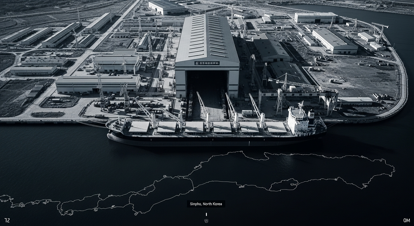 Satellite imagery analysis shows a large cargo ship (highlighted) docked at the Sinpho submarine factory, a key North Korean naval construction site.